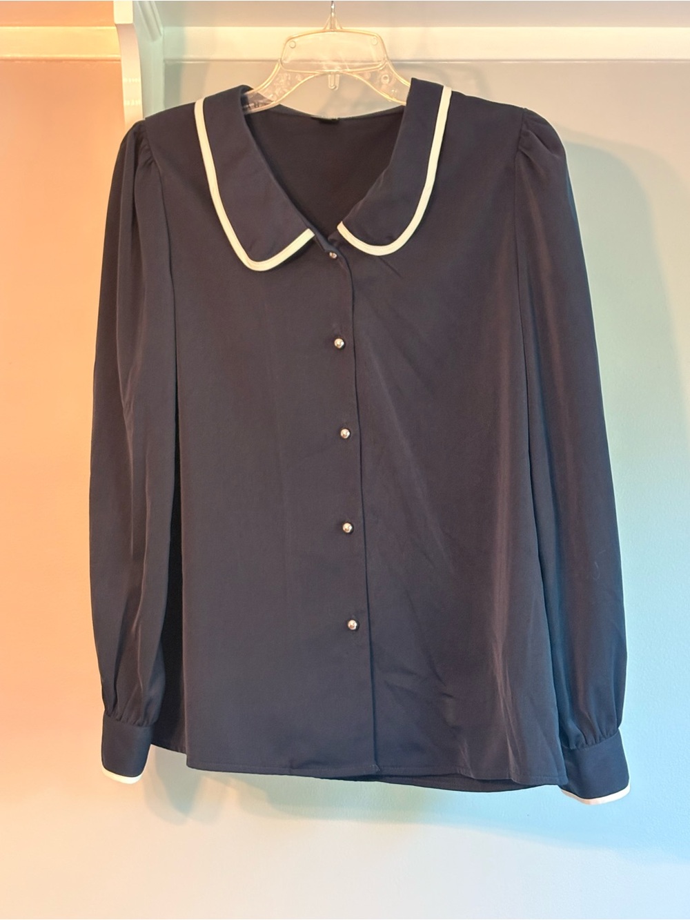 Navy Button-Front Blouse with Contrast Peter Pan Collar